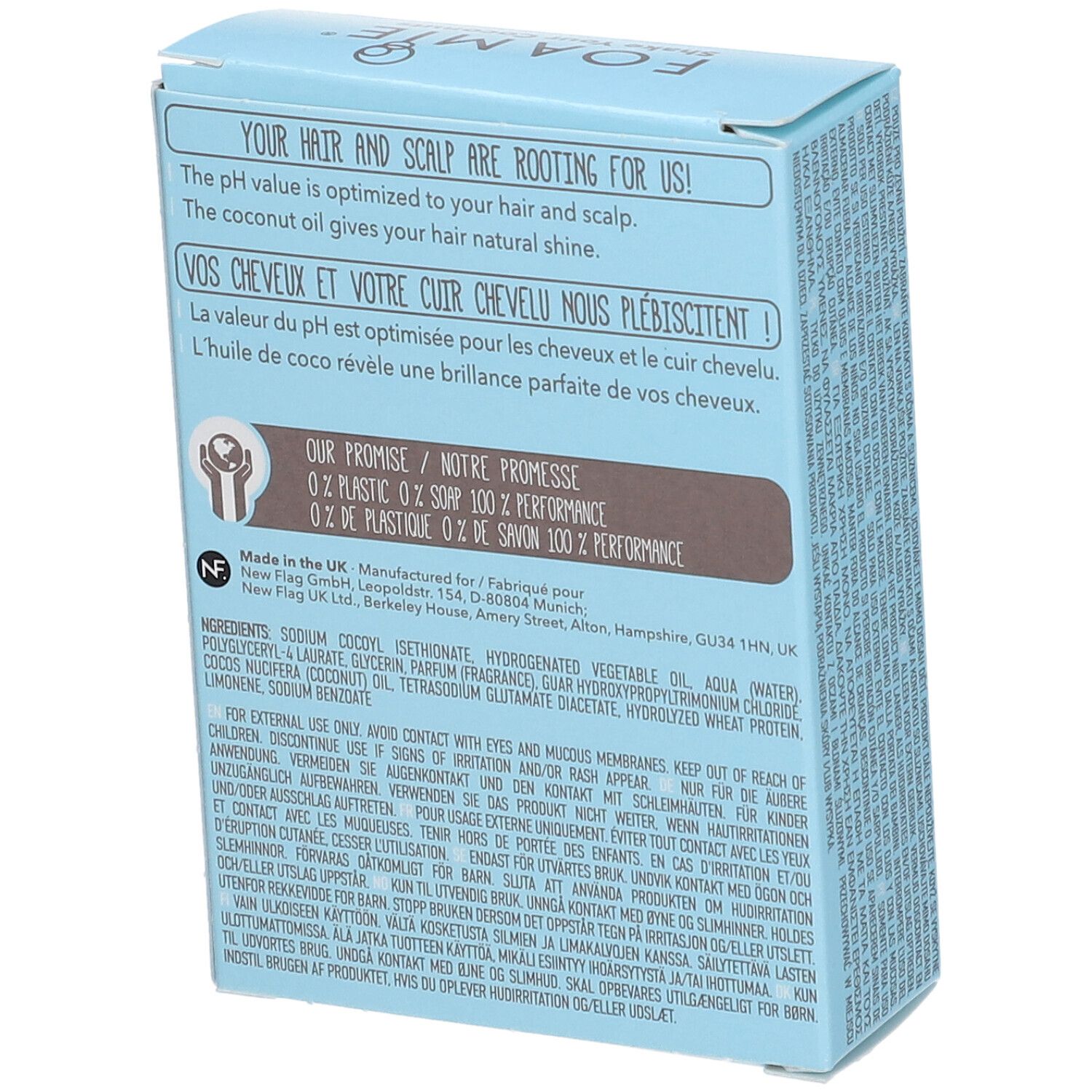 Dos d'une boîte bleu clair avec texte. Contient des informations sur les ingrédients et le fabricant.