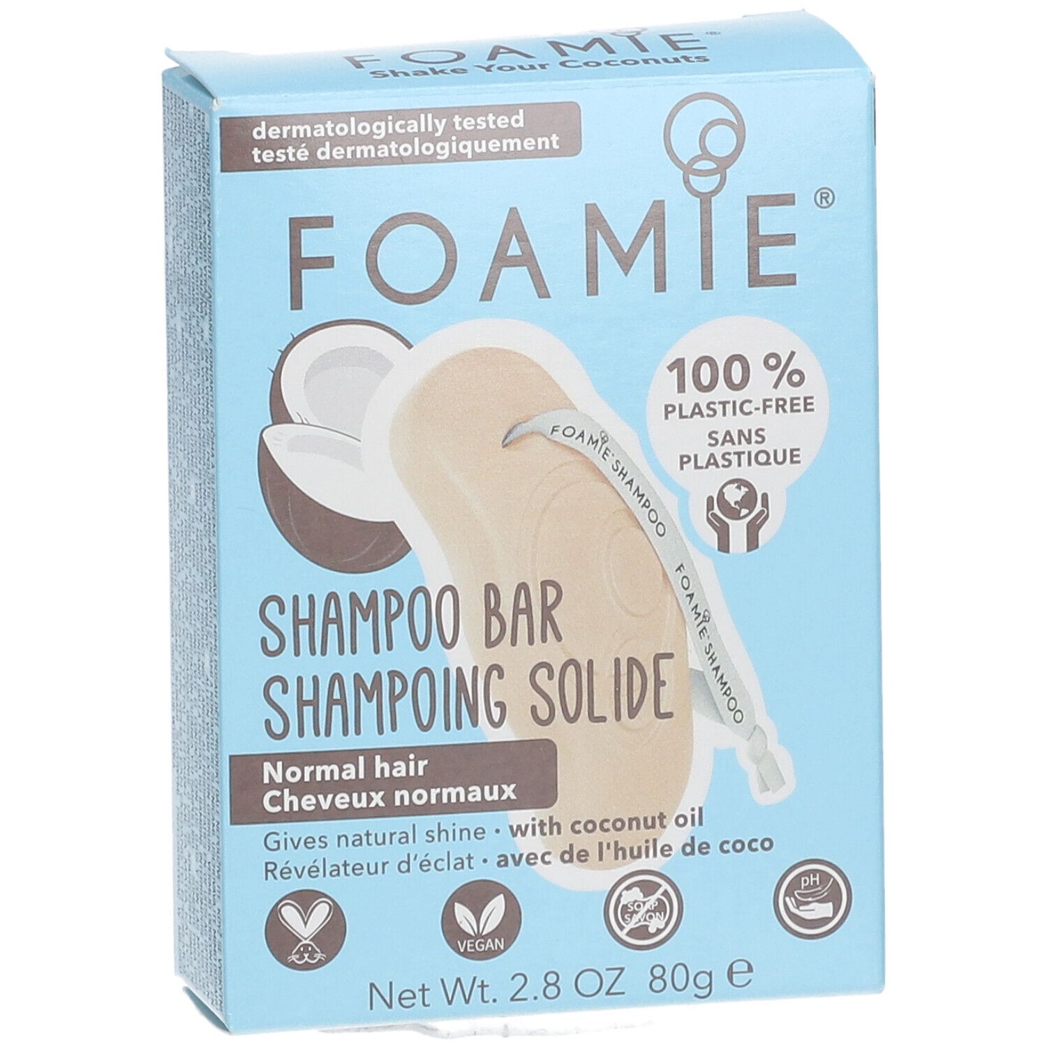Boîte bleu clair avec logo FOAMIE et barre de shampooing. Texte : "Shampooing Solide", "huile de coco", "vegan".
