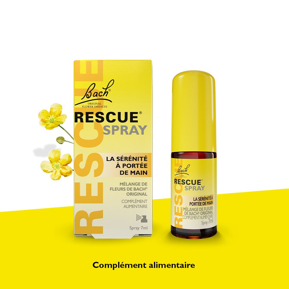 Bach Rescue Spray, gelbe Flasche und Schachtel. Aufschrift: Rescue Spray, La sérénité à portée de main. Gelbe Blüten.