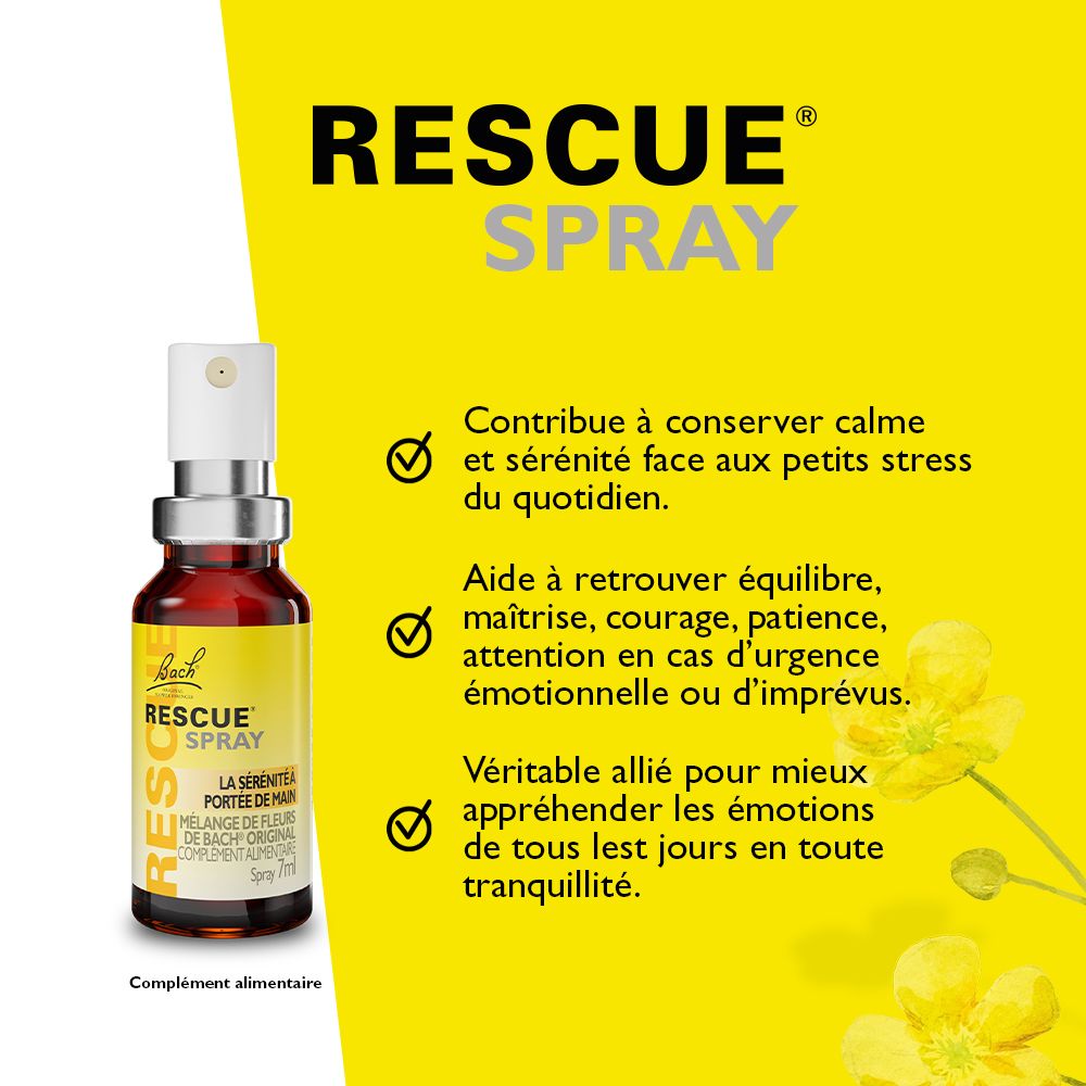 Bach Rescue Spray, gelbe Flasche. Aufschrift: Rescue Spray. Text über die Vorteile des Produkts.