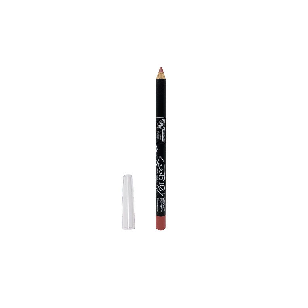 Crayon à lèvres avec capuchon transparent. Crayon noir avec impression. Pointe et extrémité inférieure rose nude.