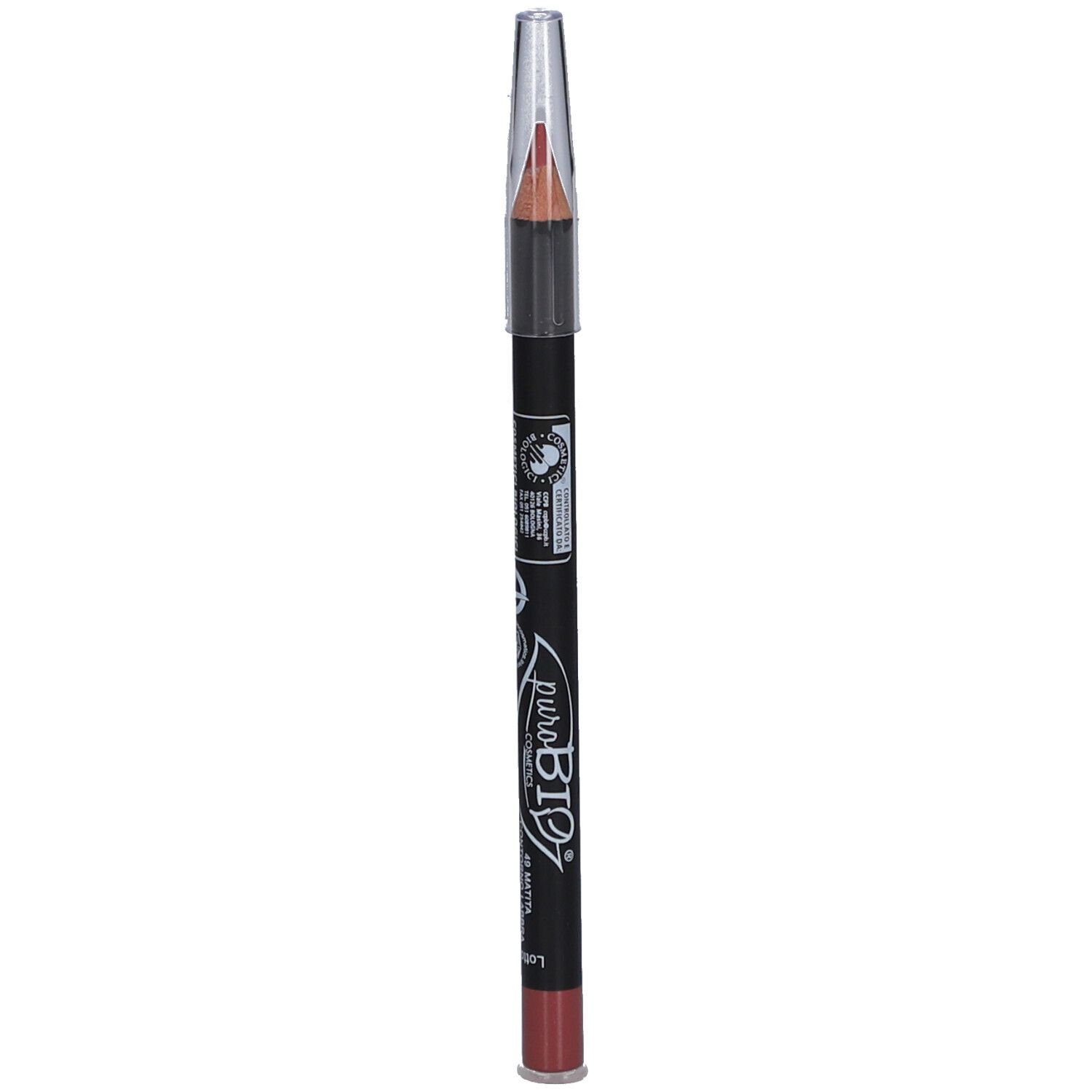 Crayon à lèvres avec capuchon transparent. Crayon noir avec impression. Pointe et extrémité inférieure rose nude.