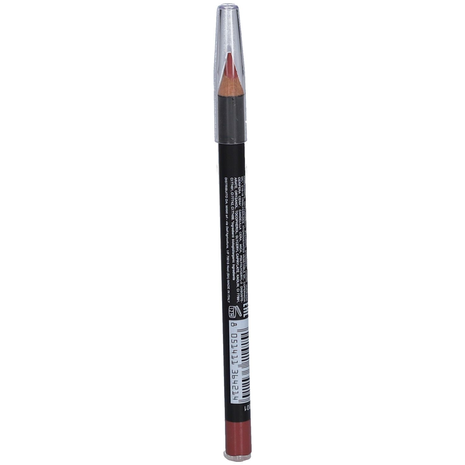 Crayon à lèvres avec capuchon transparent. Crayon noir avec impression. Pointe et extrémité inférieure rose nude.