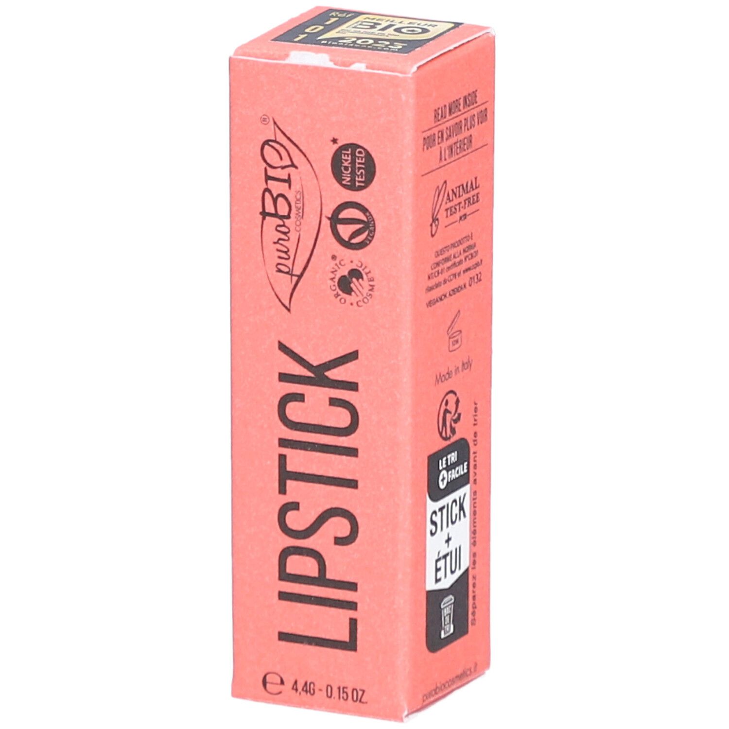 Emballage rose pour rouge à lèvres. Impression : Lipstick, puroBio, Nickel Tested, Vegan OK, Animal Test-Free.