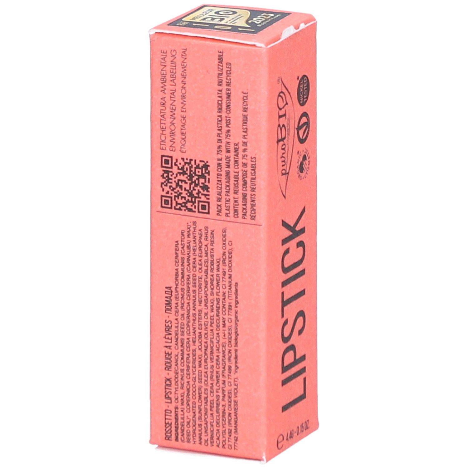 Emballage rose pour rouge à lèvres. Impression : Lipstick, puroBio, Nickel Tested, Vegan OK, Animal Test-Free. Texte au dos.