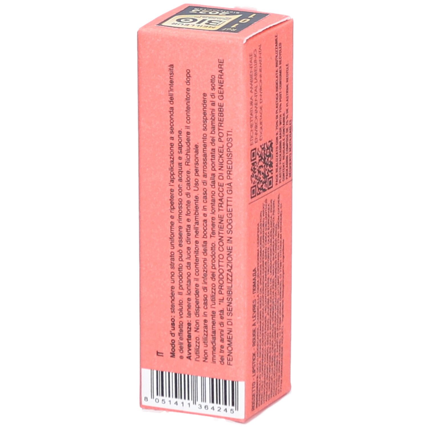 Emballage rose pour rouge à lèvres. Texte au dos en italien. Code QR.