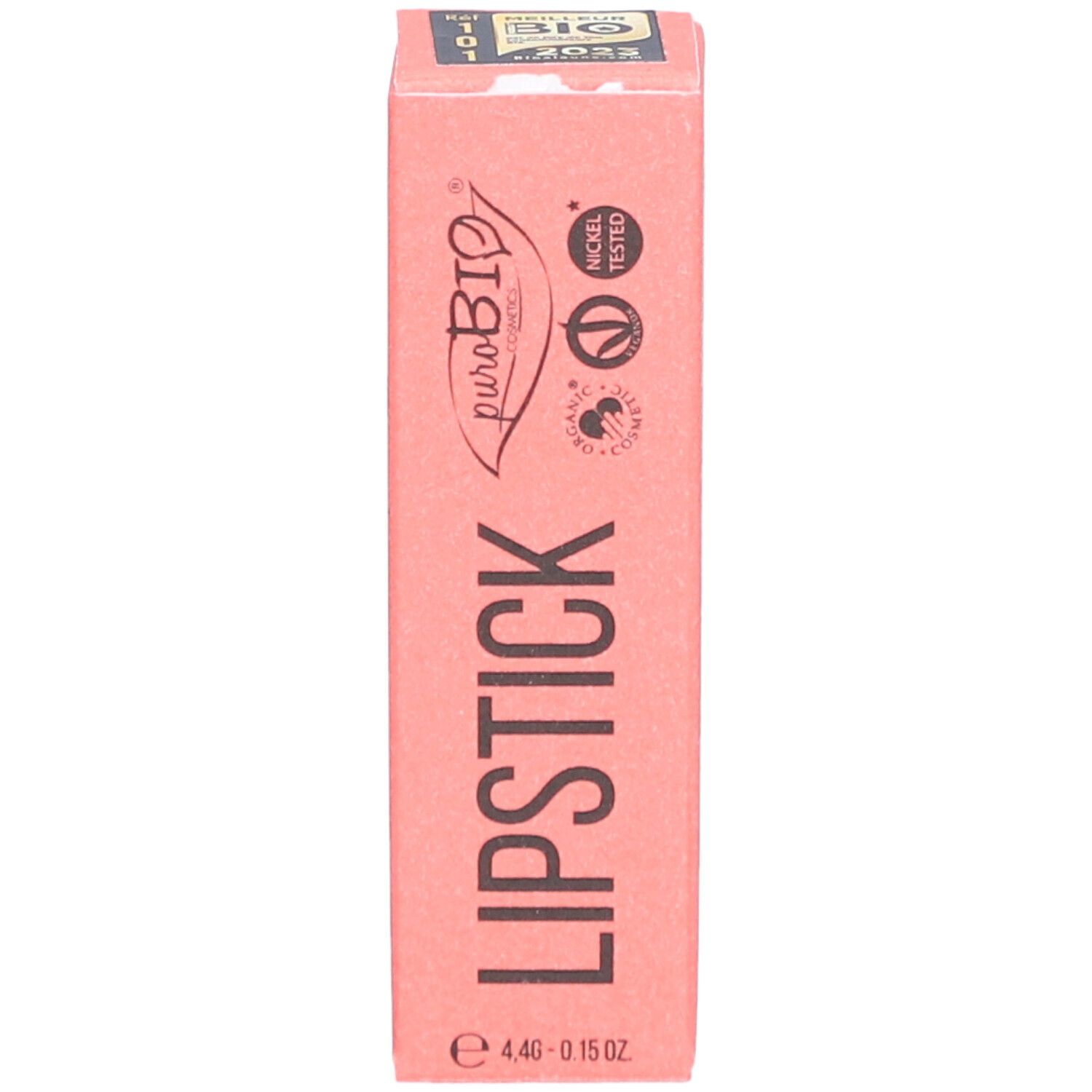 Emballage rose pour rouge à lèvres. Impression : Lipstick, puroBio, Nickel Tested, Vegan OK, Animal Test-Free.