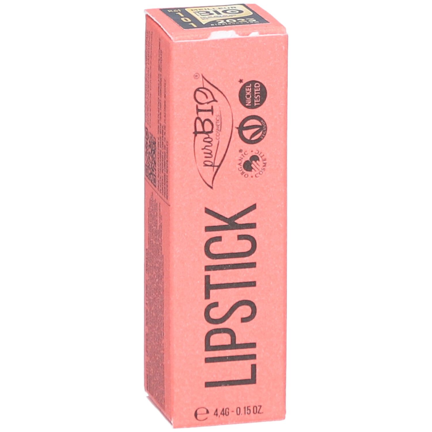 Emballage rose pour rouge à lèvres. Impression : Lipstick, puroBio, Nickel Tested, Vegan OK, Animal Test-Free.