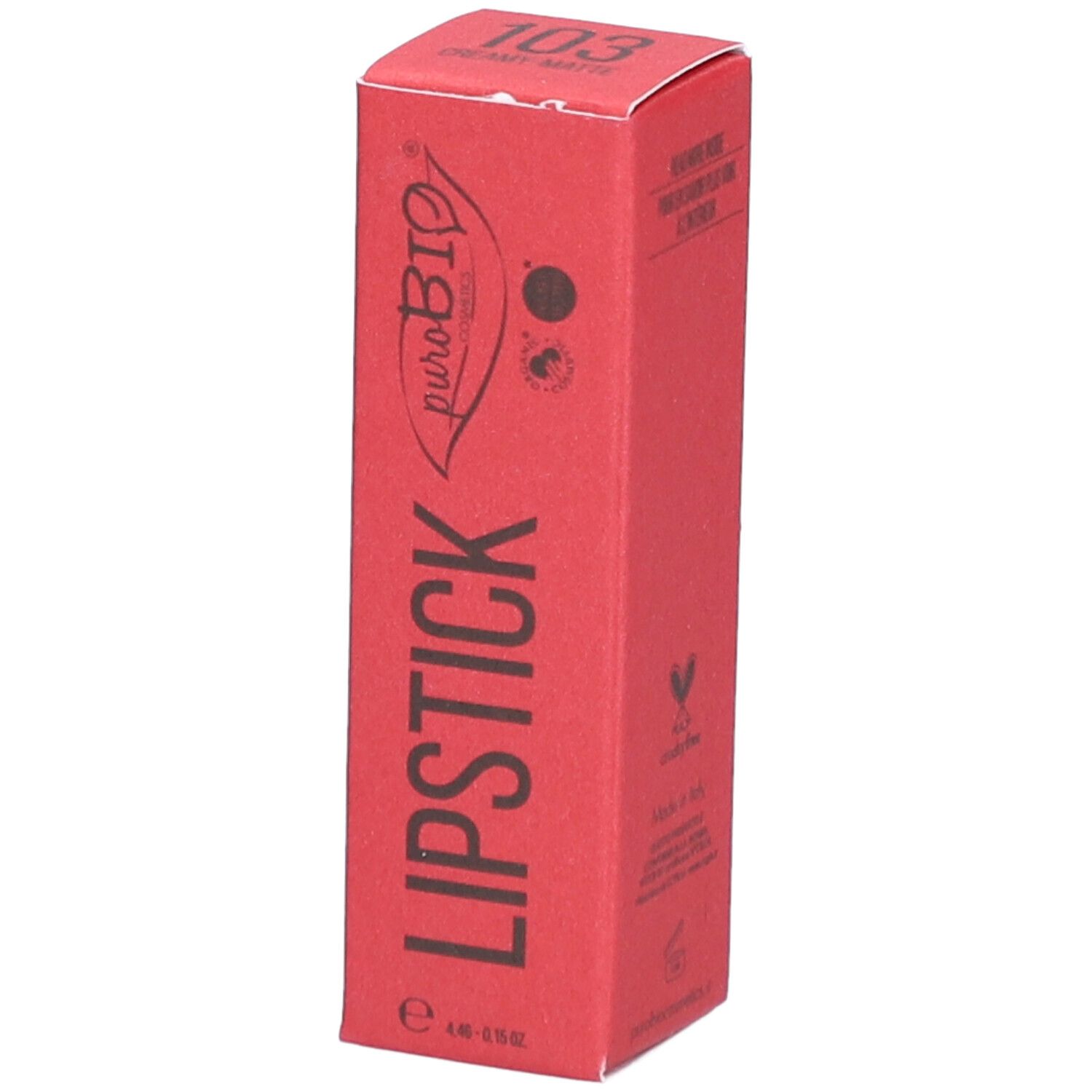 Emballage de rouge à lèvres rouge. Marque PUROBIO, nom du produit: Lipstick 103.