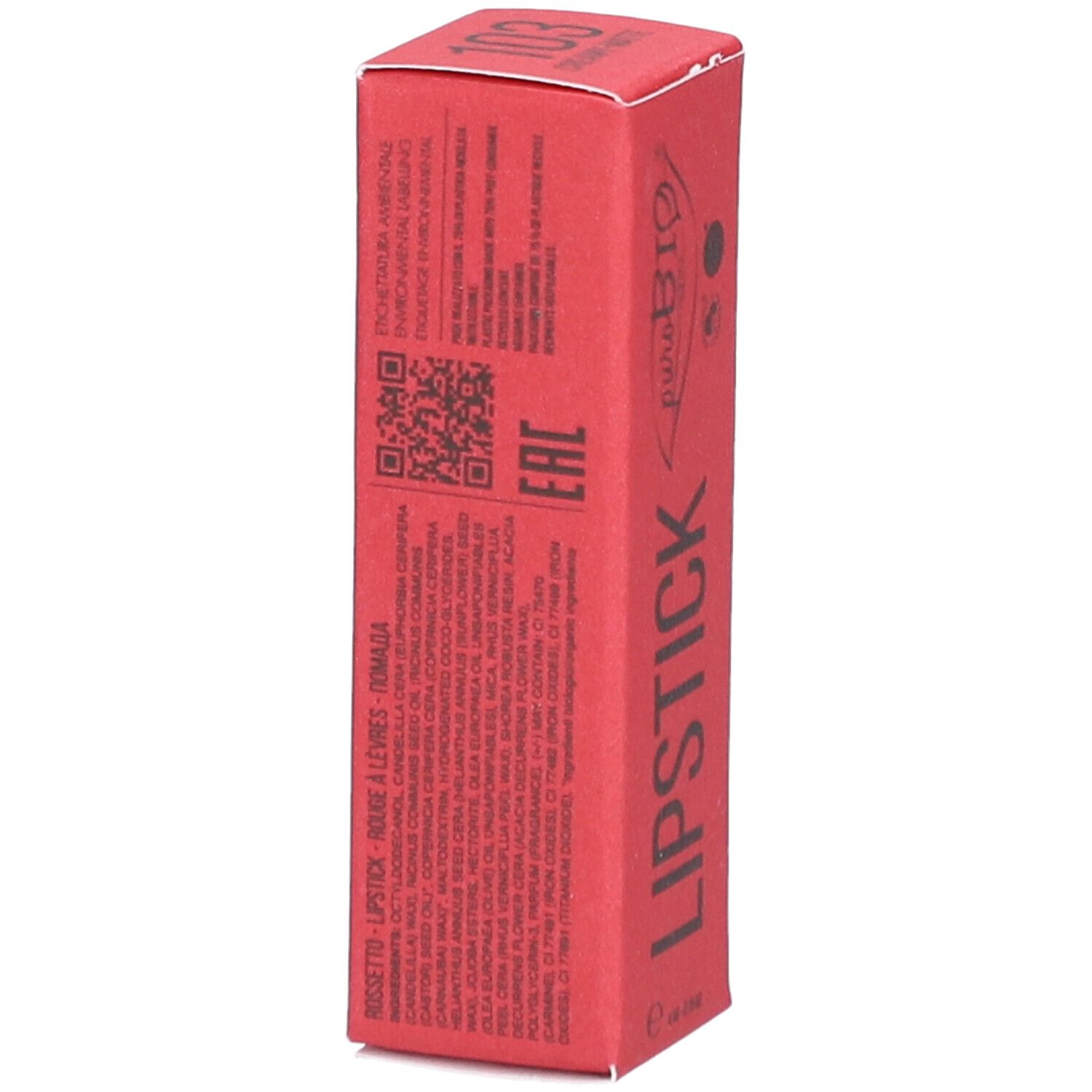 Emballage de rouge à lèvres rouge. Marque PUROBIO, nom du produit: Lipstick 103.