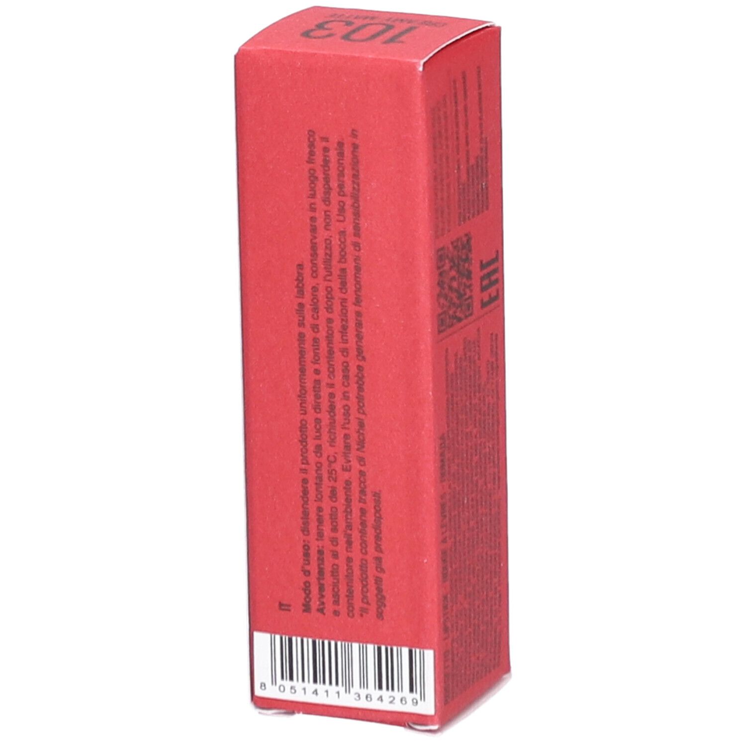 Emballage de rouge à lèvres rouge. Marque PUROBIO, nom du produit: Lipstick 103.