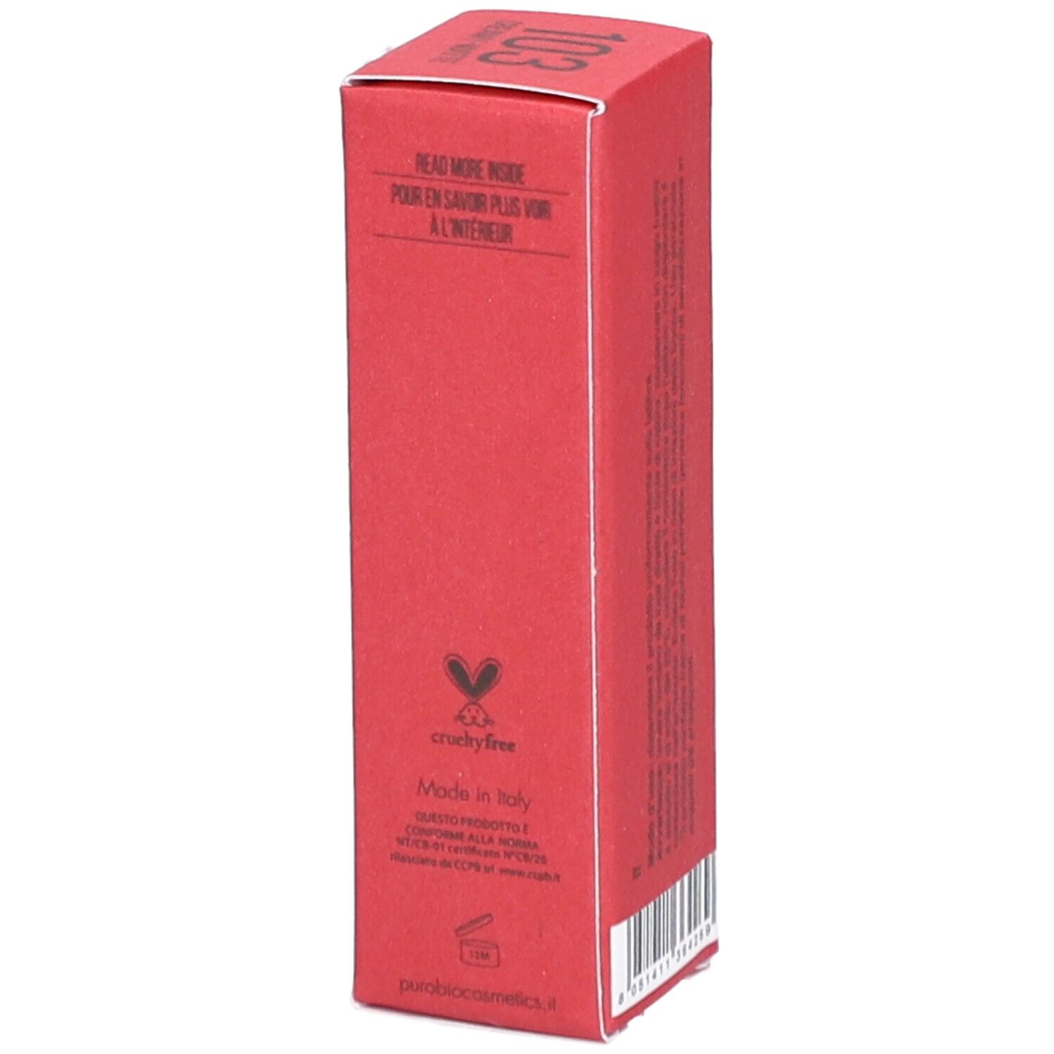 Emballage de rouge à lèvres rouge. Marque PUROBIO, nom du produit: Lipstick 103.