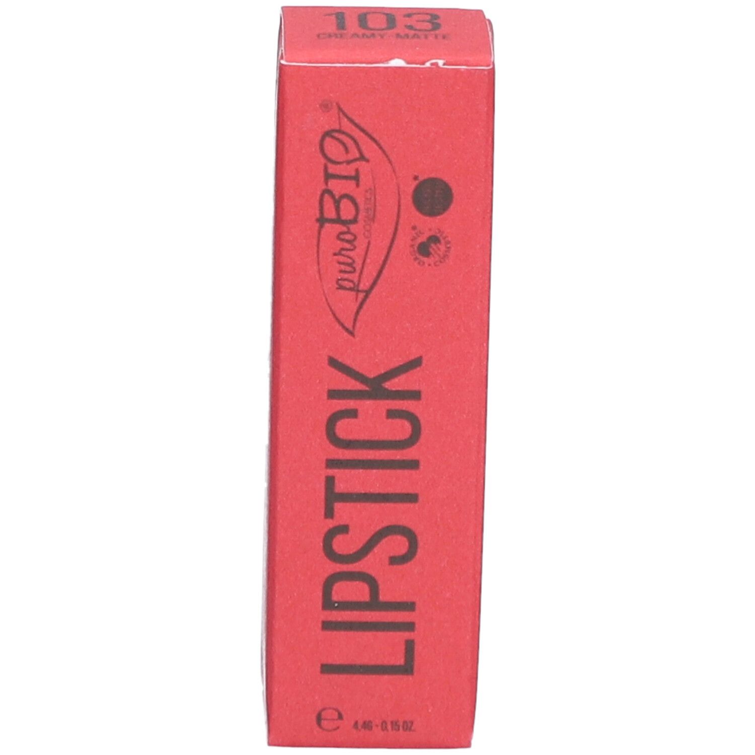 Emballage de rouge à lèvres rouge. Marque PUROBIO, nom du produit: Lipstick 103.