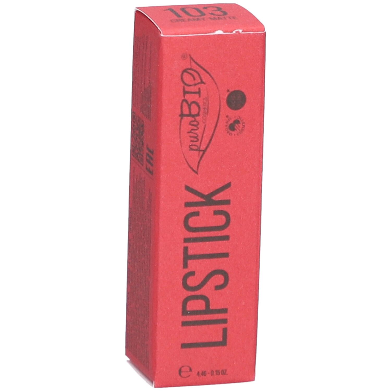 Emballage de rouge à lèvres rouge. Marque PUROBIO, nom du produit: Lipstick 103.