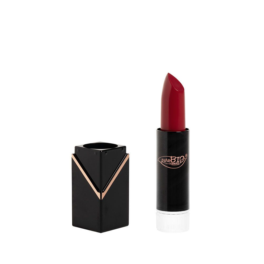 Rouge à lèvres rouge et étui noir. Accents dorés. Marque PUROBIO.