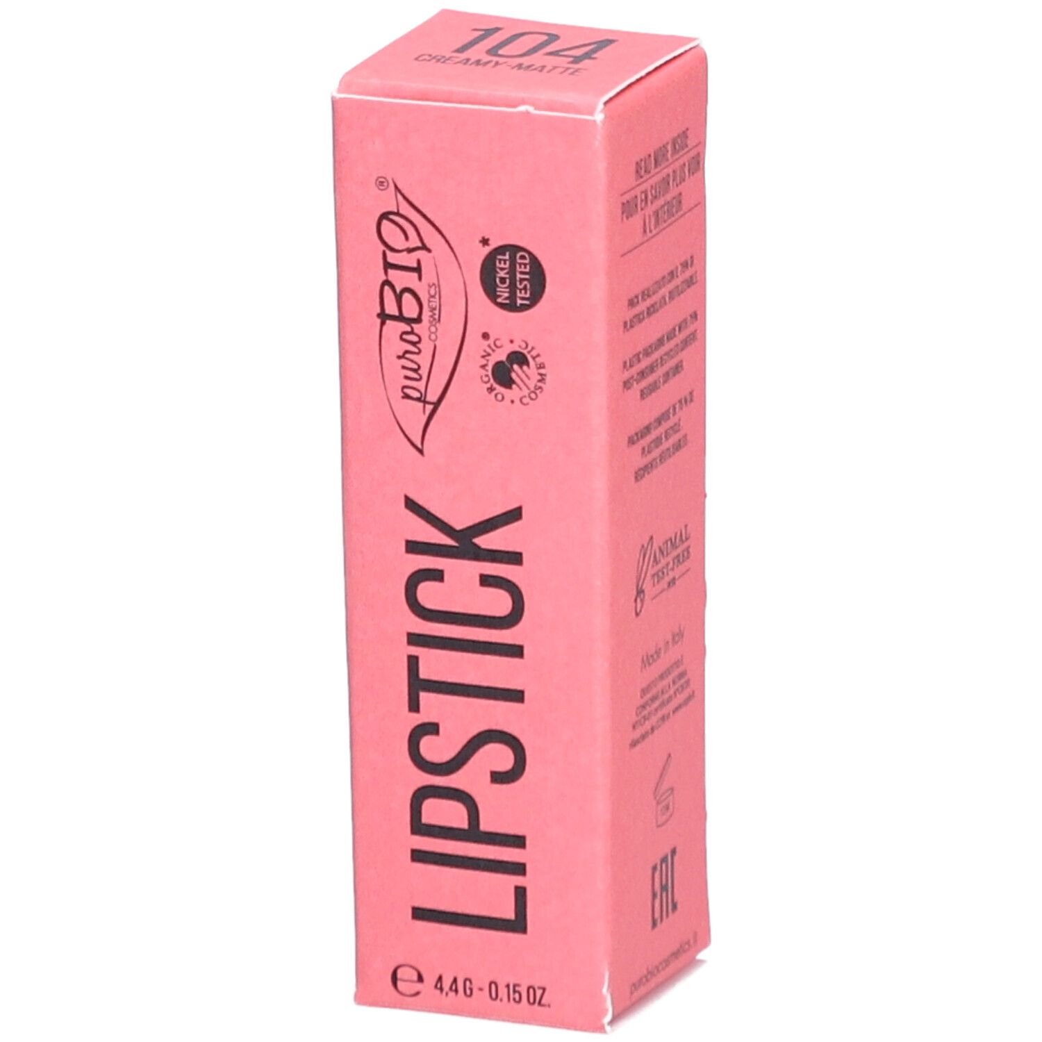Emballage de rouge à lèvres rose. Nom du produit, numéro de couleur et marque visibles.