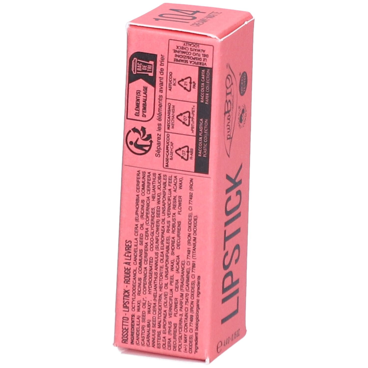 Dos de l'emballage de rouge à lèvres rose. Ingrédients et avertissements.