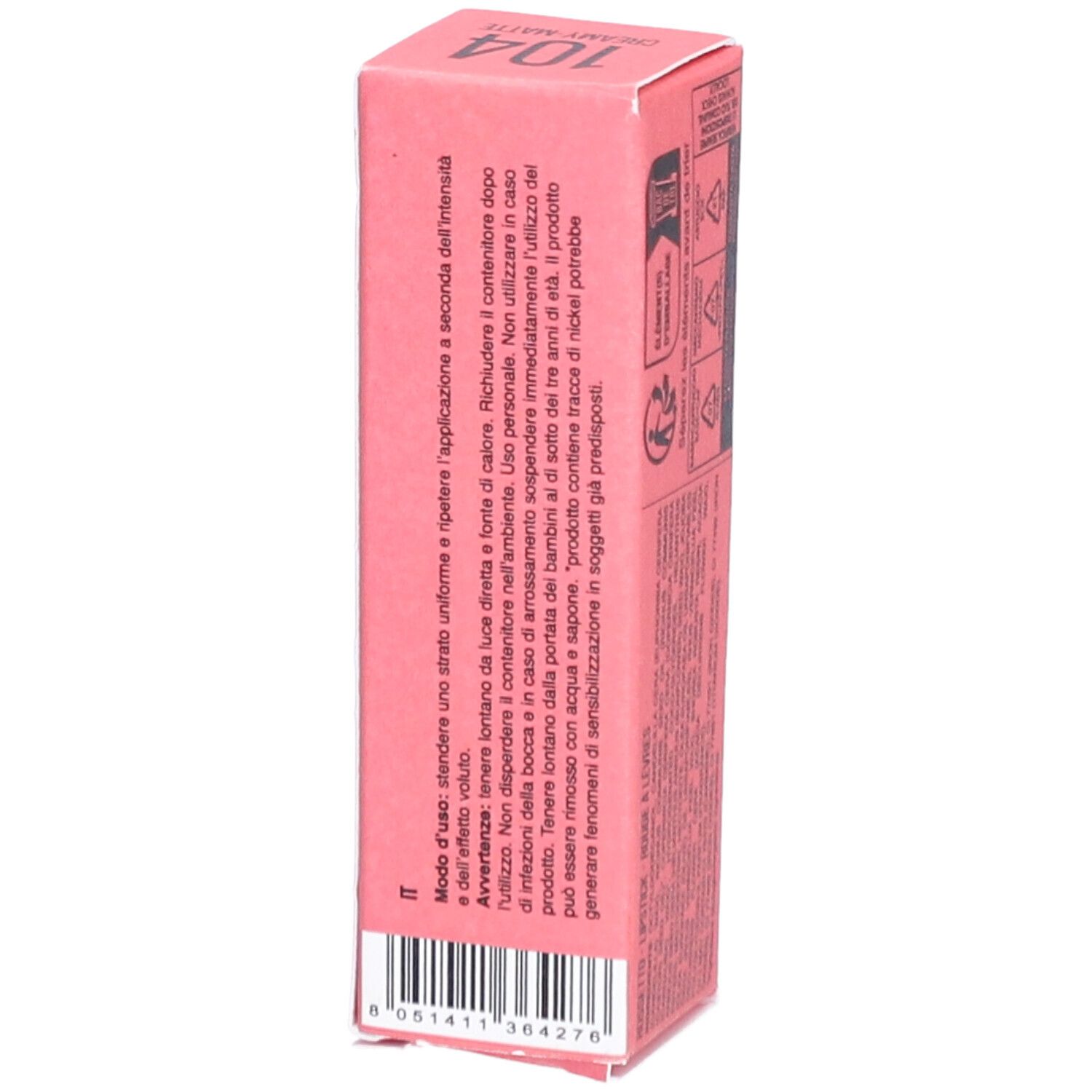 Côté de l'emballage de rouge à lèvres rose. Mode d'emploi et avertissements.