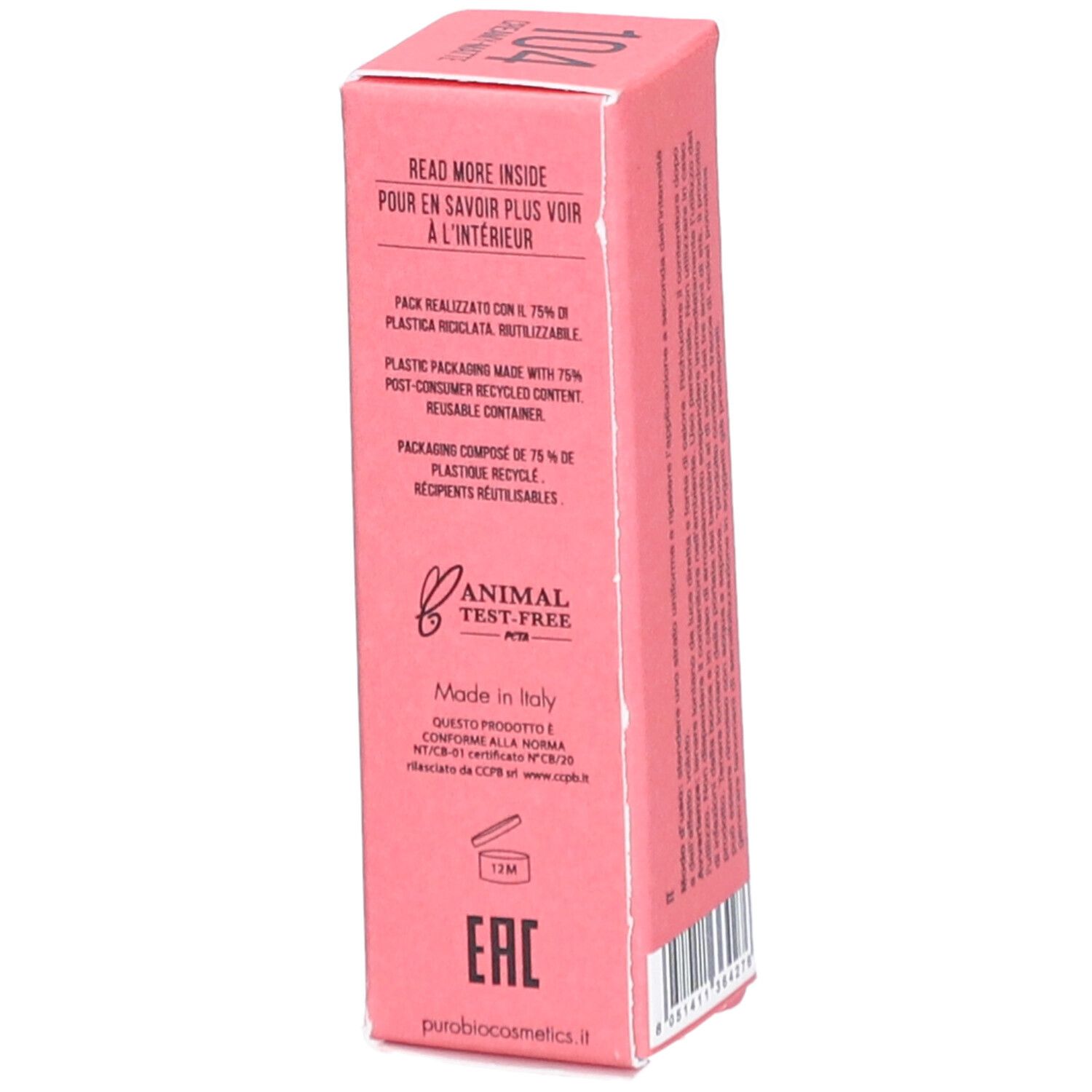 Côté de l'emballage de rouge à lèvres rose. Informations sur l'emballage et certifications.