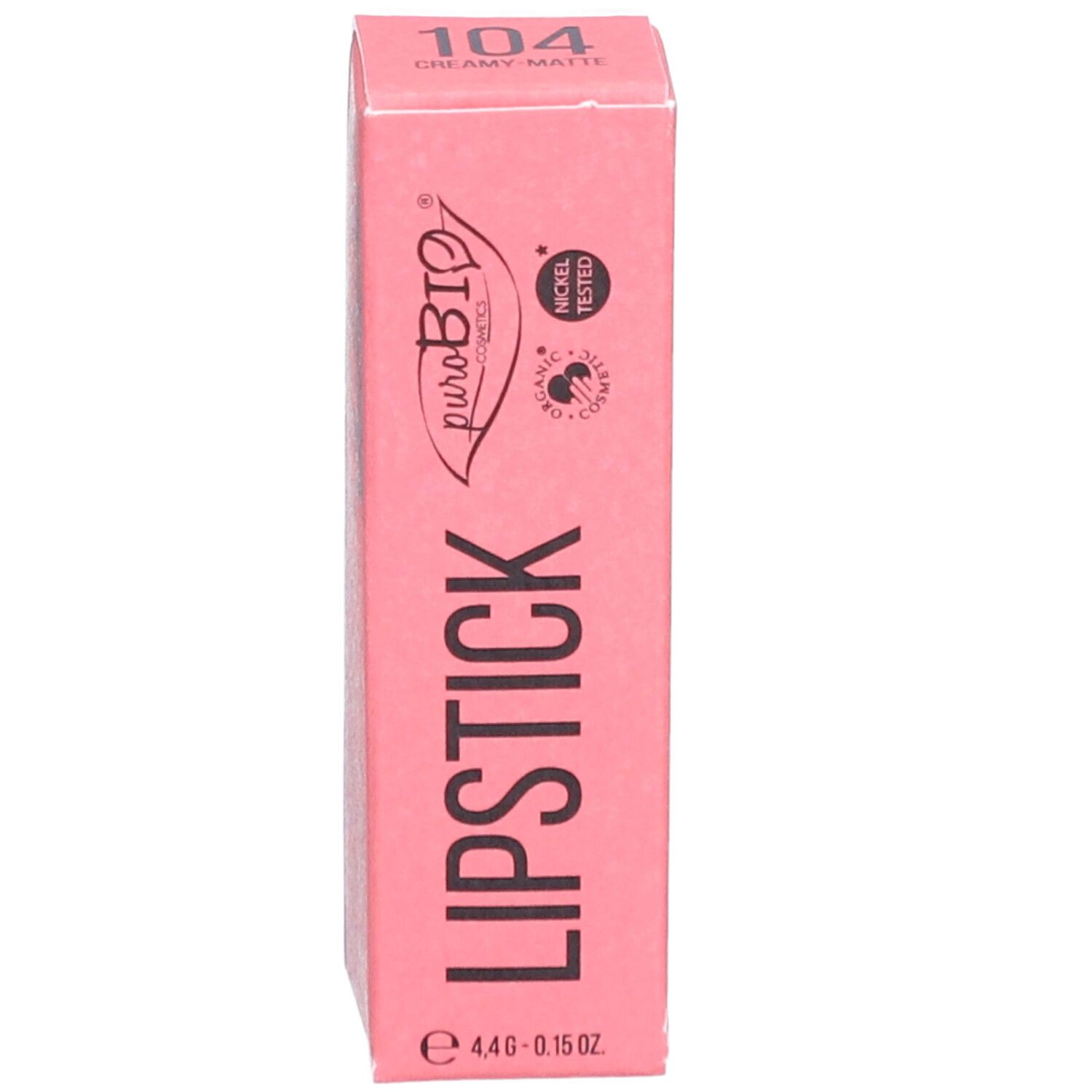 Face avant de l'emballage de rouge à lèvres rose. Nom du produit, numéro de couleur et marque.