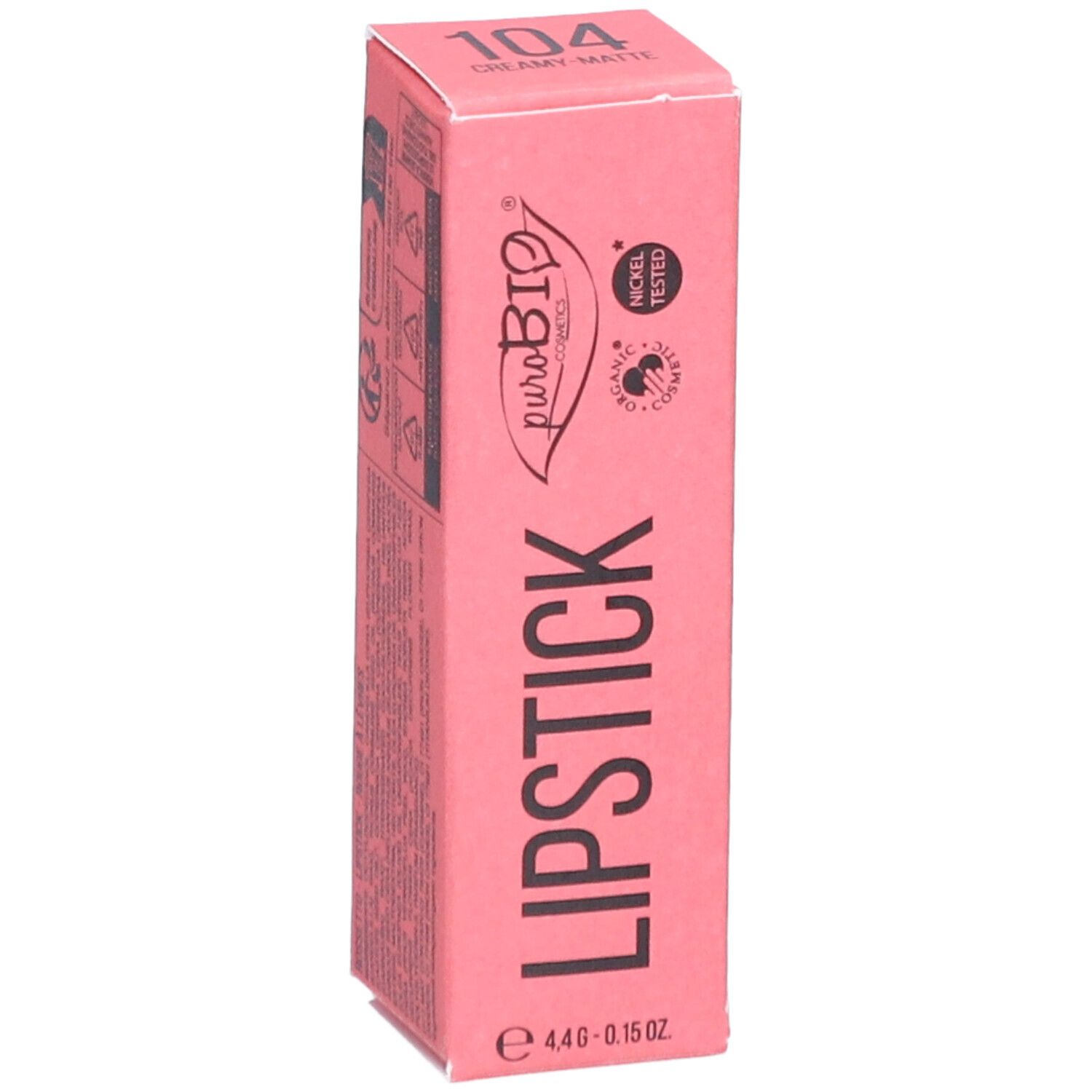 Côté de l'emballage de rouge à lèvres rose. Nom du produit, numéro de couleur et marque.