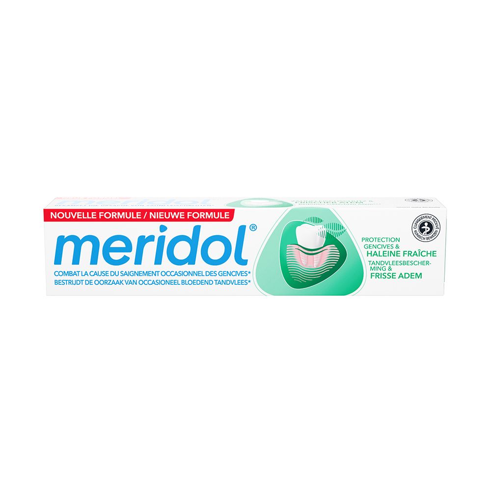 Zahnpasta-Tube, weiß mit grünem Akzent. Aufschrift: meridol®. Text in mehreren Sprachen.