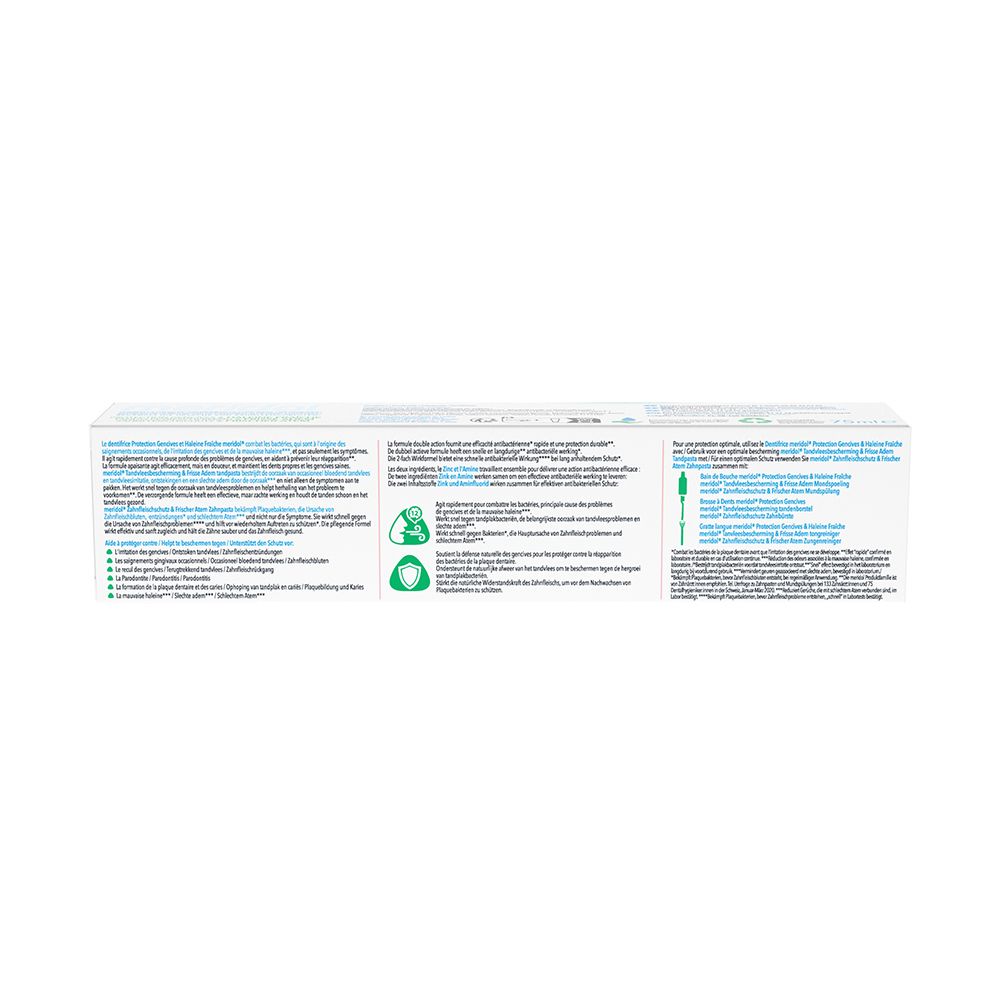 Rückseite der Zahnpasta-Verpackung. Text in mehreren Sprachen. Enthält Informationen zum Produkt.