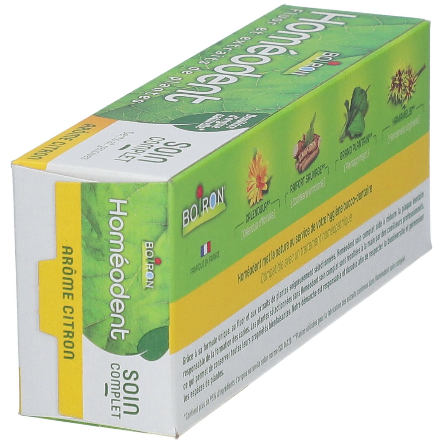 Boîte Homeodent, design feuilles vertes. Inscription: Homeodent, Soin Complet, Arôme Citron. Marque Boiron.