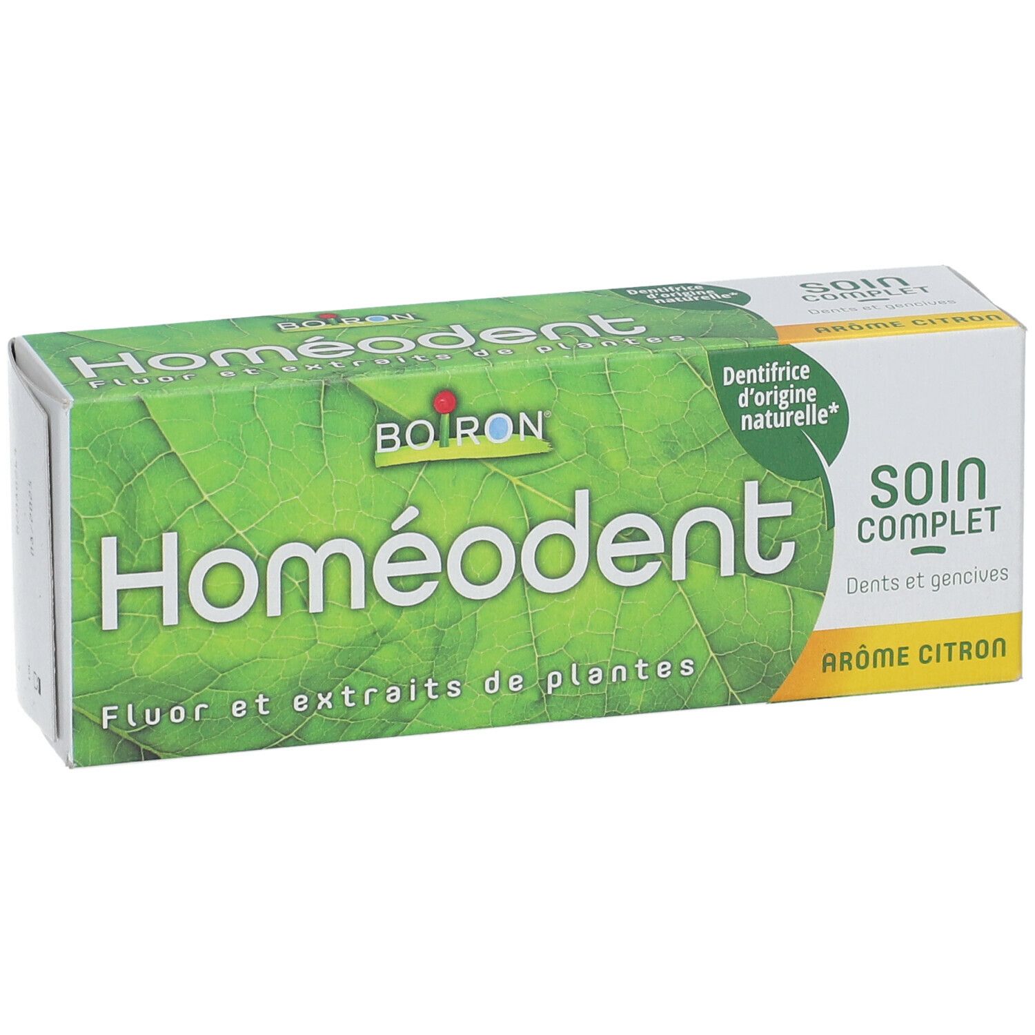 Boîte Homeodent, verte. Inscription: Homeodent, Soin Complet, Arôme Citron. Marque Boiron.