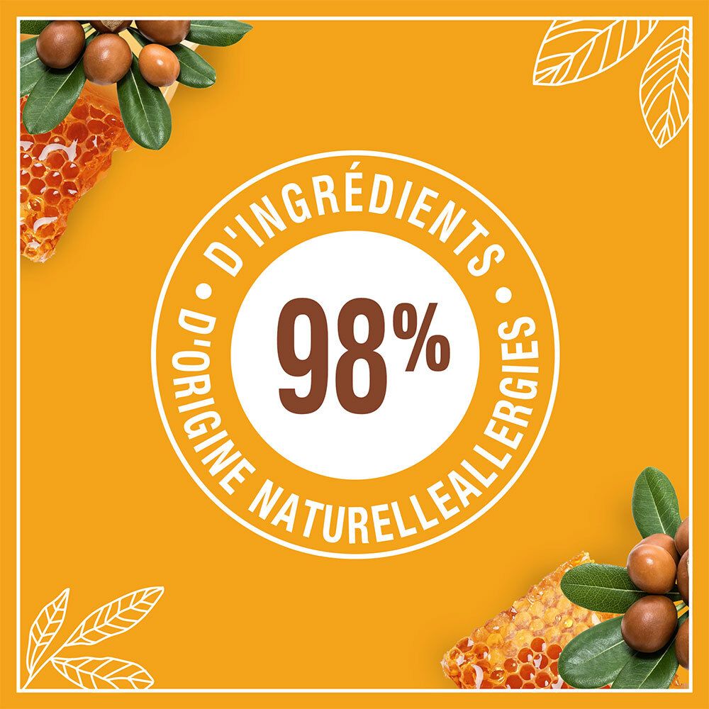 Étiquette circulaire avec '98% d'ingrédients d'origine naturelle' sur fond jaune. Illustrations de rayon de miel et noix de karité.