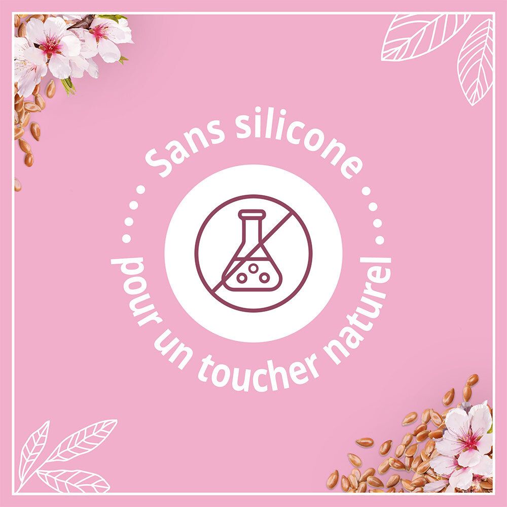 Rosa Hintergrund mit Text: Sans silicone pour un toucher naturel. Symbol: Kein Kolben mit Kreuz.
