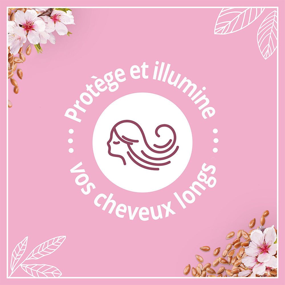 Rosa Hintergrund mit Text: Protège et illumine vos cheveux longs. Symbol: Frau mit langen Haaren.