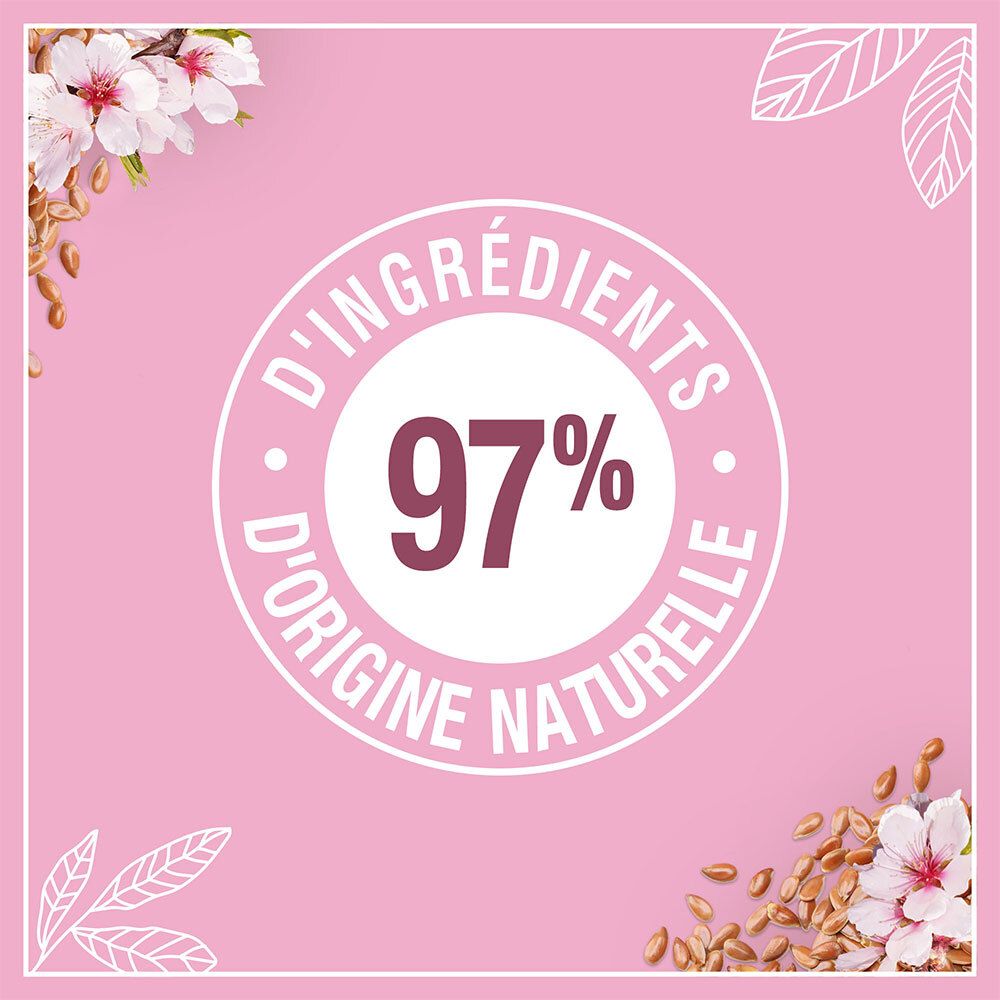Rosa Hintergrund mit Text: 97% d'ingrédients d'origine naturelle. Symbol: 97%.