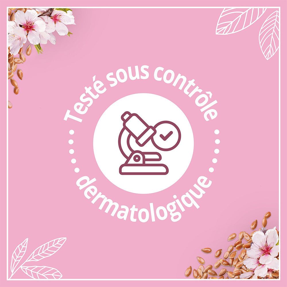 Rosa Hintergrund mit Text: Testé sous contrôle dermatologique. Symbol: Mikroskop mit Häkchen.