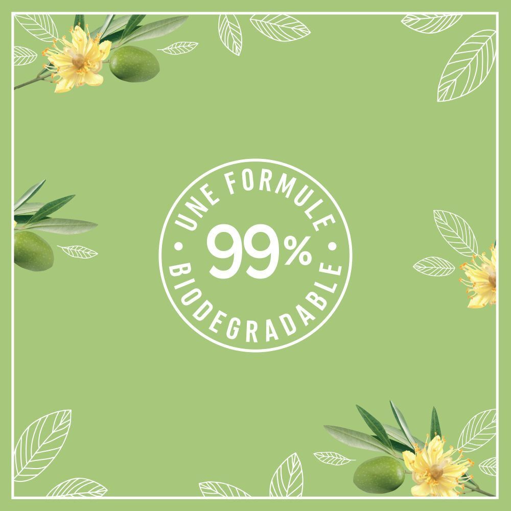 Fond vert avec cadre blanc. Texte: Une Formule 99% Biodégradable. Branches d'olivier et fleurs.