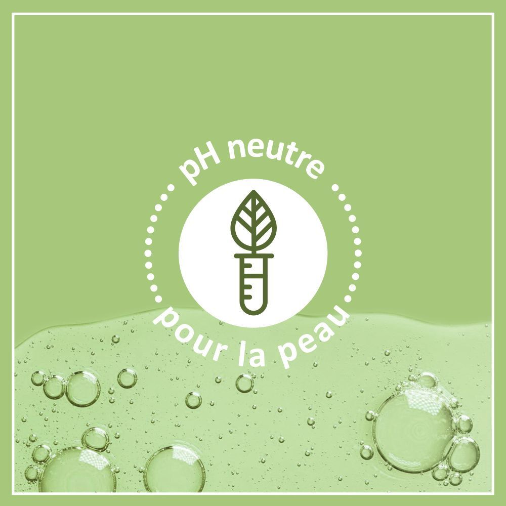 Fond vert avec cadre blanc. Texte: pH neutre pour la peau. Symbole: feuille dans tube à essai.
