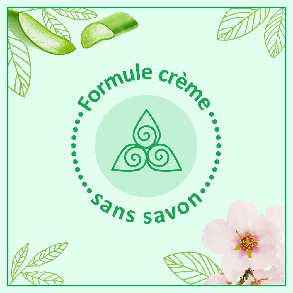 Cercle avec texte: Formule crème sans savon. Illustration: 3 spirales. Fond: Vert, fleurs.