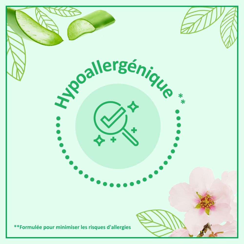 Cercle avec texte: Hypoallergénique. Illustration: Coche dans loupe. Fond: Vert, fleurs.