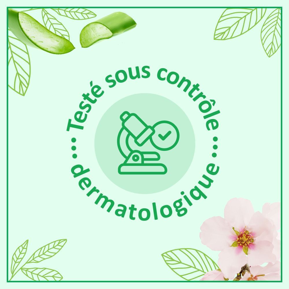 Cercle avec texte: Testé sous contrôle dermatologique. Illustration: Microscope. Fond: Vert, fleurs.
