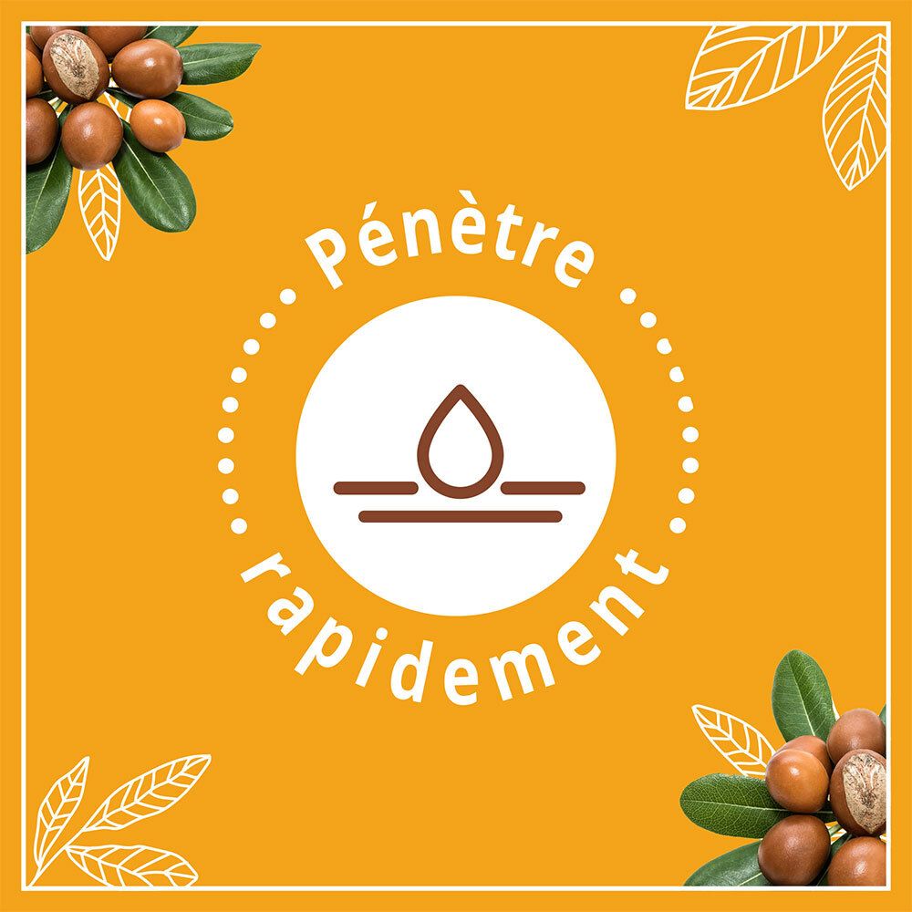 Cercle avec symbole goutte. Texte: Pénètre rapidement. Entouré de feuilles et d'ingrédients.