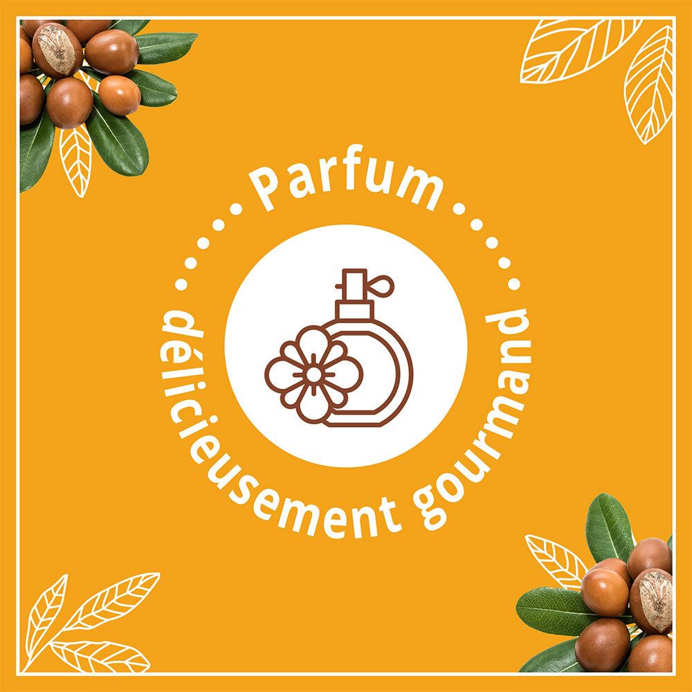 Cercle avec symbole flacon de parfum. Texte: Délicieusement gourmand. Entouré de feuilles et ingrédients.