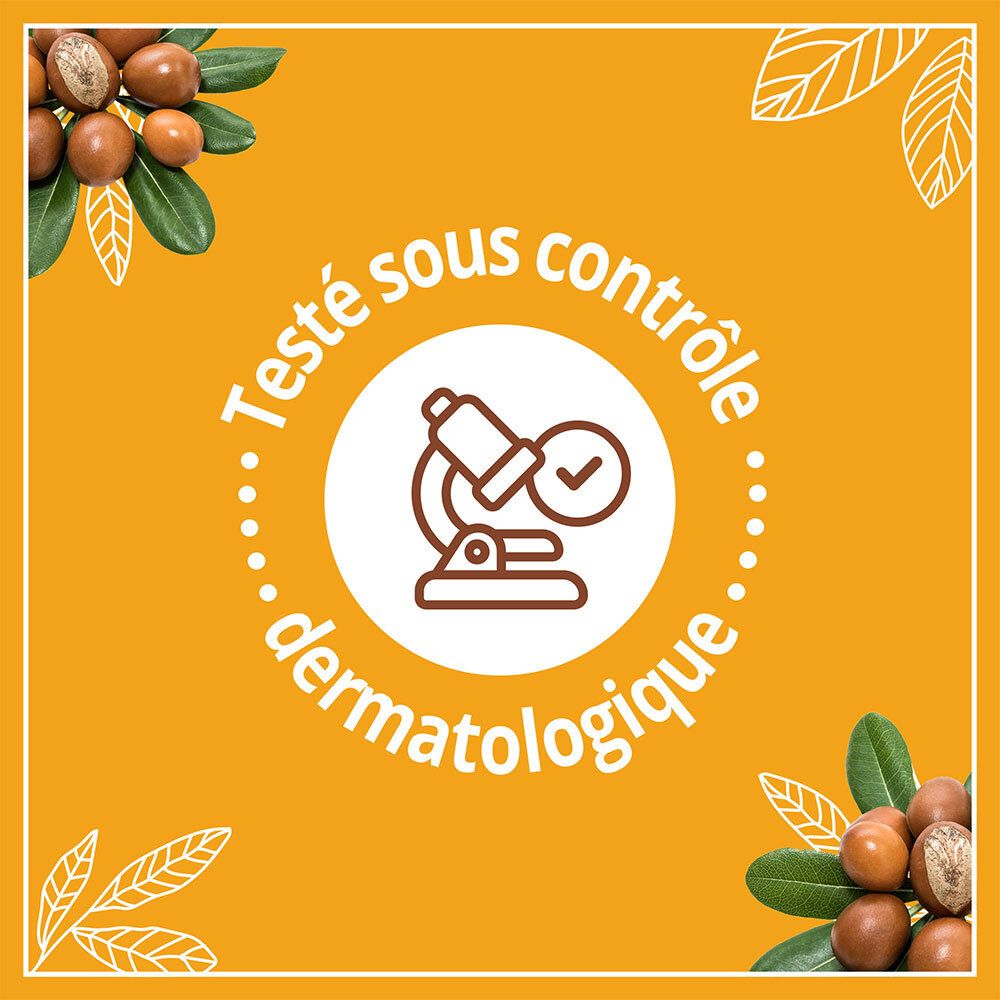 Cercle avec symbole microscope. Texte: Testé sous contrôle dermatologique. Entouré de feuilles et ingrédients.