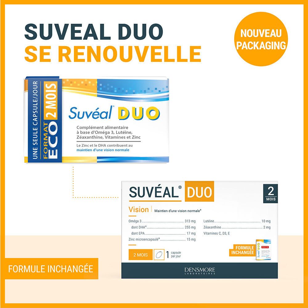 Suvéal® DUO, nouvel emballage. Image du paquet avec ingrédients. 2 mois. Formule inchangée.