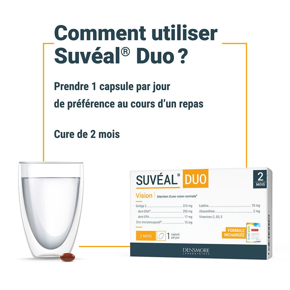 Verre d'eau et capsule. Boîte Suvéal® DUO. Prise: 1 capsule par jour, de préférence au cours d'un repas. 2 mois.