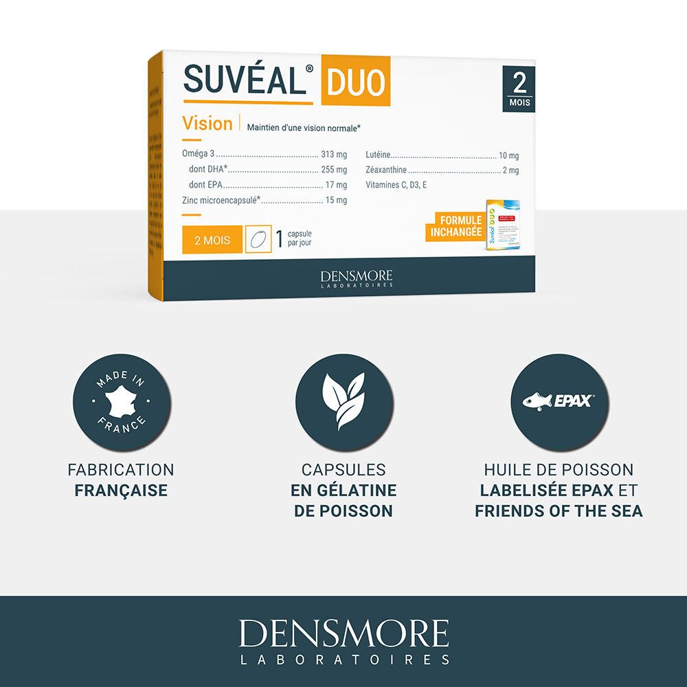 Boîte Suvéal® DUO. Contient: Oméga 3, DHA, EPA, Zinc. Fabriqué en France. Huile de poisson EPA certifiée.