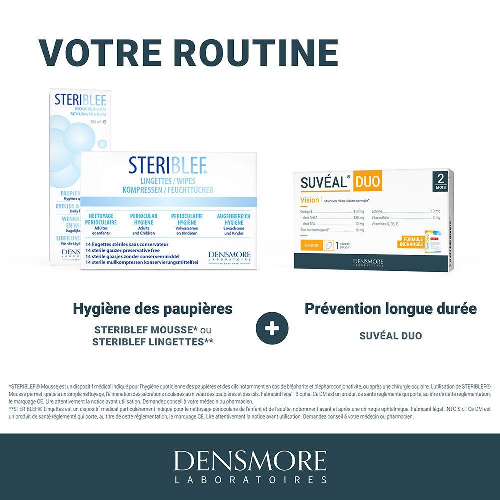 Produits Suvéal® DUO et SteriBlef. Hygiène des paupières. Prévention longue durée. Laboratoires DENSMore.