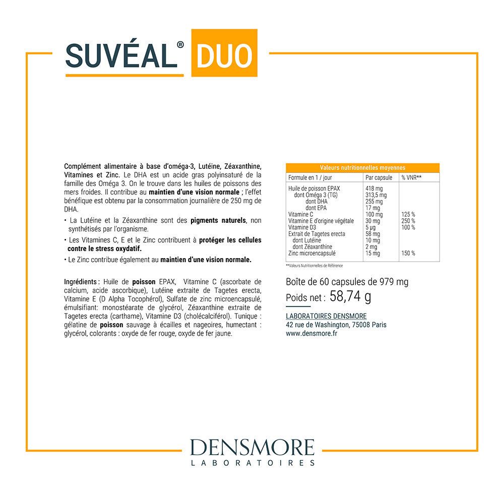 Texte et tableau avec ingrédients et informations nutritionnelles de Suvéal® DUO. Laboratoires DENSMore.