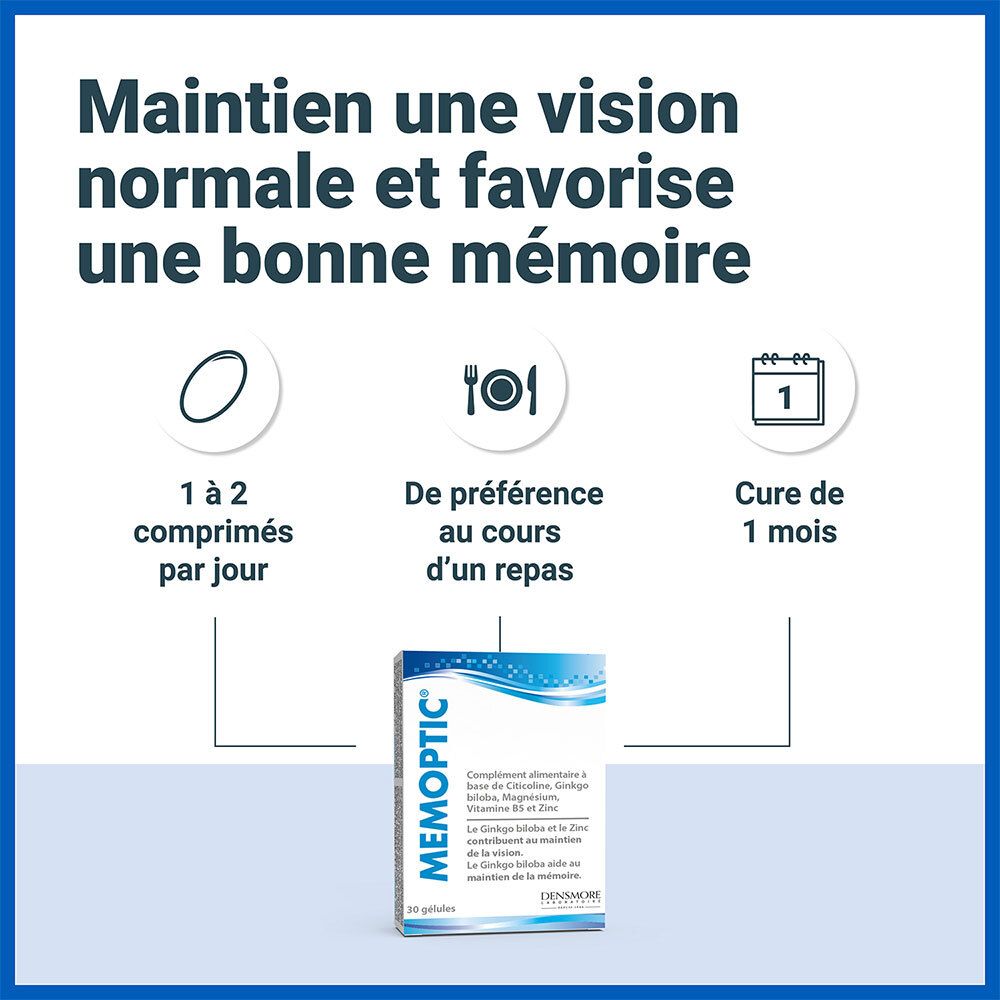 Graphique avec boîte Memoptic®. Texte : Maintien d'une vision normale et favorise une bonne mémoire. Prise : 1-2 comprimés/jour.