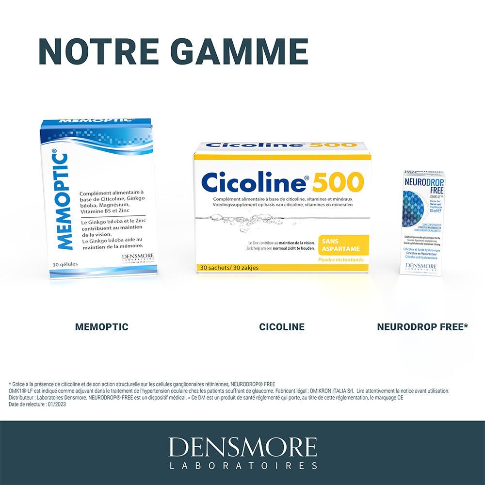 Trois produits : Memoptic®, Cicoline 500, Neurodrop FREE*. Tous en emballages. Texte : Notre gamme.