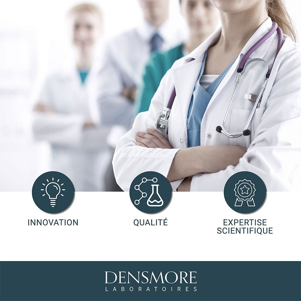 Équipe médicale en arrière-plan. Trois symboles : Innovation, Qualité, Expertise scientifique. Logo : Densmore Laboratoires.